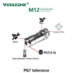 M12P-F04T - M12 4 Pin Dişi Düz Metal Konnektör - Velledq