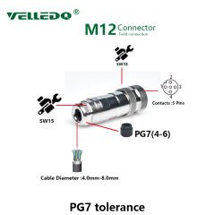 M12P-F08T - M12 8 Pin Dişi Düz Metal Konnektör - Velledq