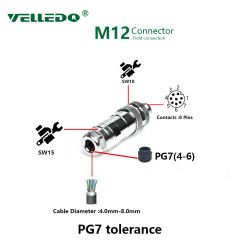 M12P-M08T - M12 8 Pin Erkek Düz Metal Konnektör - Velledq