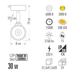 Cata 30W Led Ray Spot Armatür Beyaz Işık CT-5339 Hermes