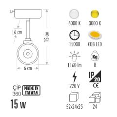 Cata 15W Hermes Ledli Ray Armatür CT-5338 - Beyaz ışık