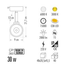 Cata 30W Led Ray Spot Armatür CT-5340 Beyaz Işık